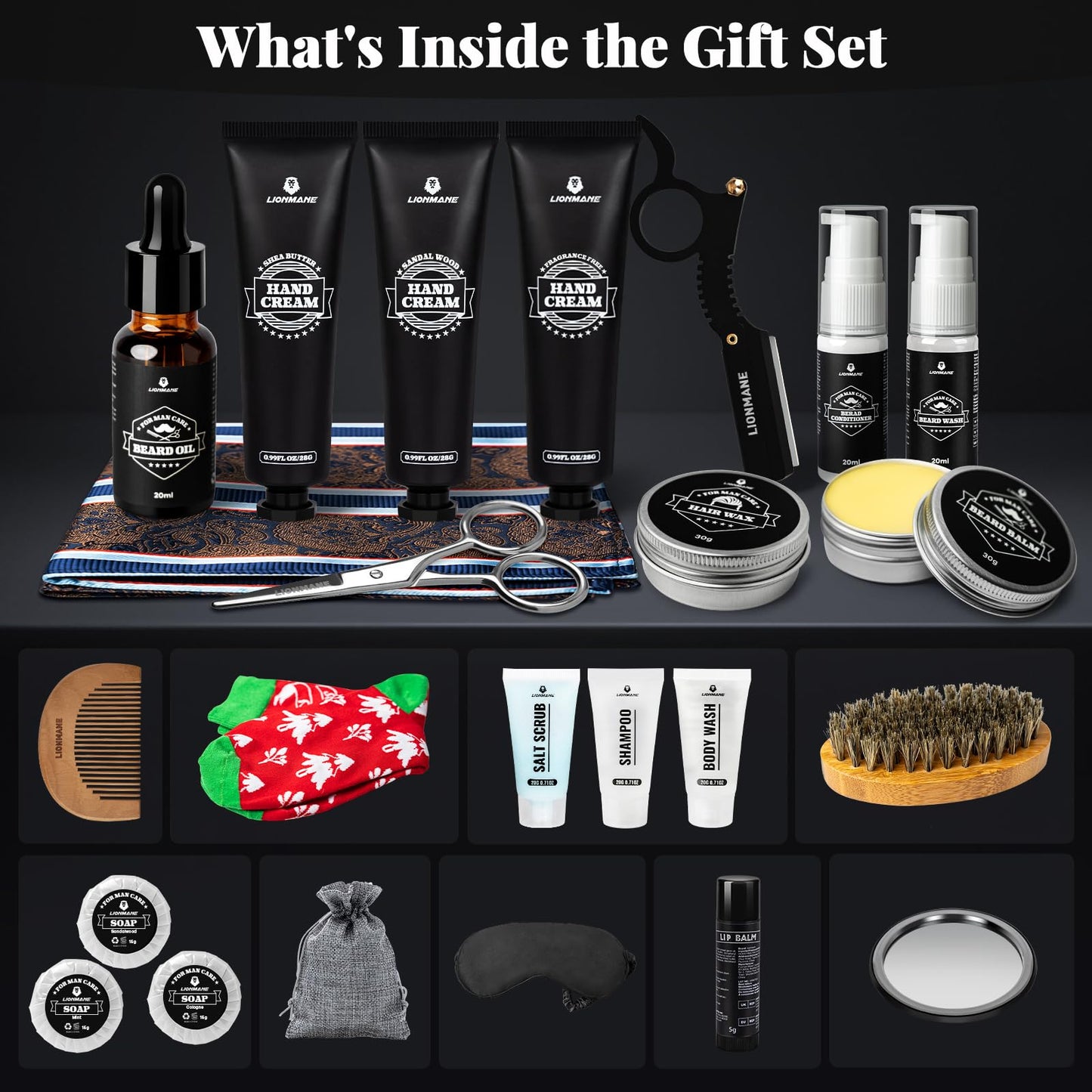 Calendario de Adviento para Hombre, Lionmane Set de Cuidado de Barba, Set de Regalos Originales de 24 PCS para el Cuidado de la Barba, Cara y Cuerpo, Kit de Cuidado de la Piel,Skin Care Sets & Kits
