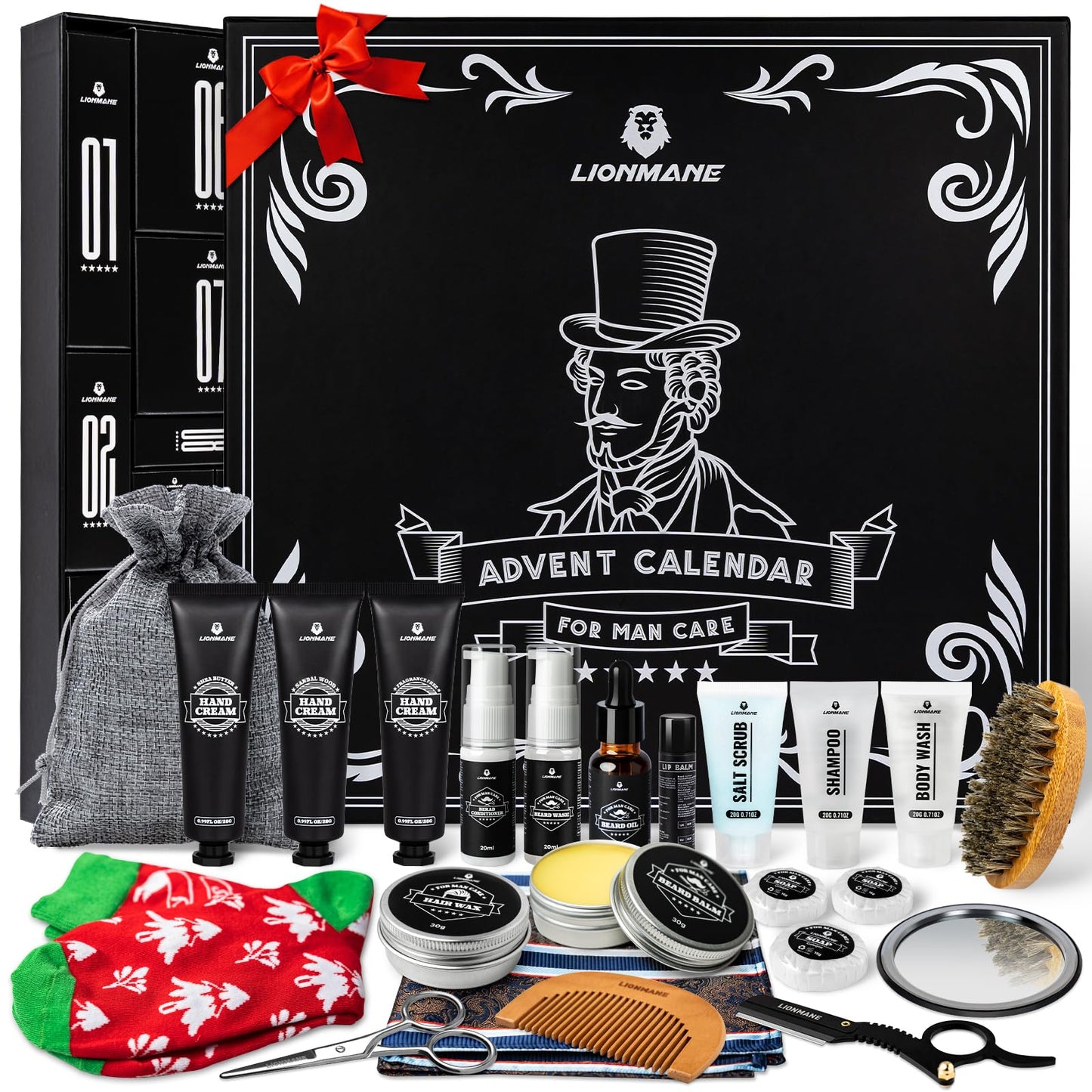 Calendario de Adviento para Hombre, Lionmane Set de Cuidado de Barba, Set de Regalos Originales de 24 PCS para el Cuidado de la Barba, Cara y Cuerpo, Kit de Cuidado de la Piel,Skin Care Sets & Kits