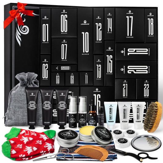 Calendario de Adviento para Hombre, Lionmane Set de Cuidado de Barba, Set de Regalos Originales de 24 PCS para el Cuidado de la Barba, Cara y Cuerpo, Kit de Cuidado de la Piel,Skin Care Sets & Kits