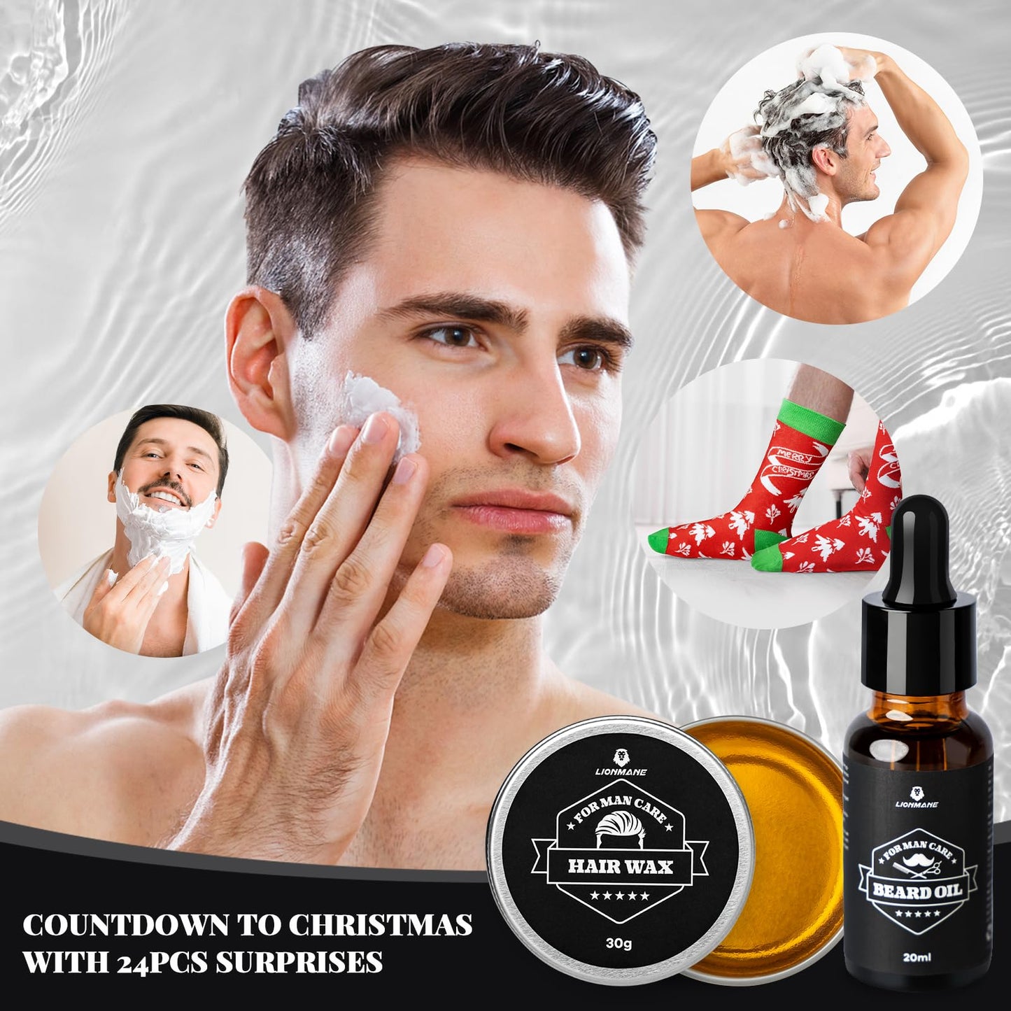 Calendario de Adviento para Hombre, Lionmane Set de Cuidado de Barba, Set de Regalos Originales de 24 PCS para el Cuidado de la Barba, Cara y Cuerpo, Kit de Cuidado de la Piel,Skin Care Sets & Kits
